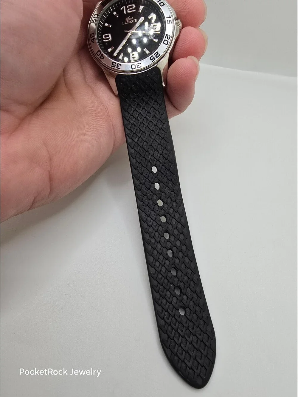 Lacoste 13000G Quartz Analog Date 40mm 50m SS Silver Case Black Dial Rubber